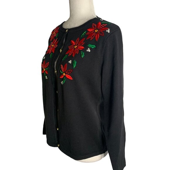 Classic Elements Holiday Poinsettia Cardigan Sweater MP Black Sequin Button Up - Picture 3 of 6